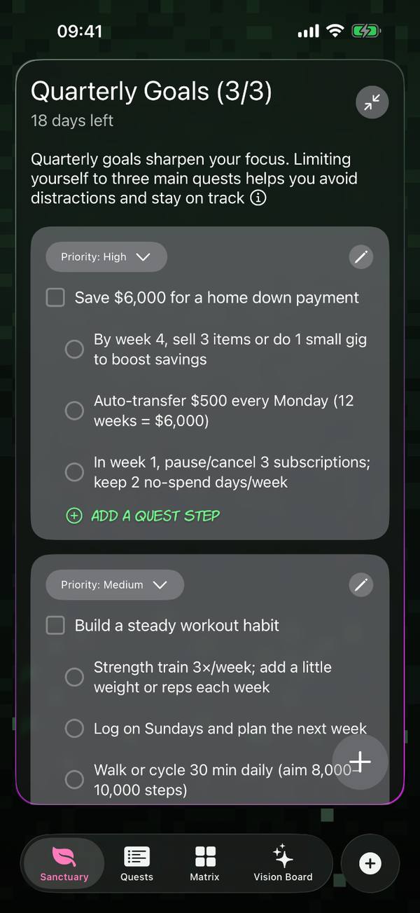 Super Human Quarterly Quests screen
