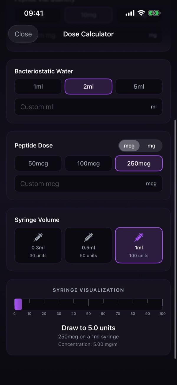 Peptide Stack Calculator screen
