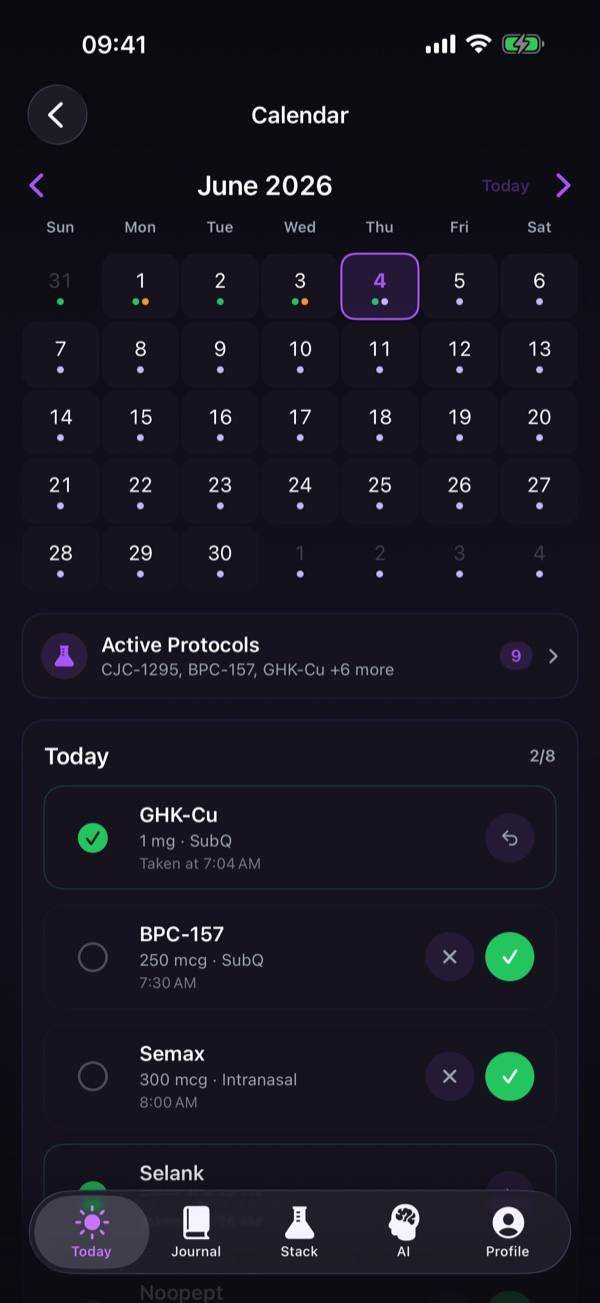 Peptide Stack Calendar screen